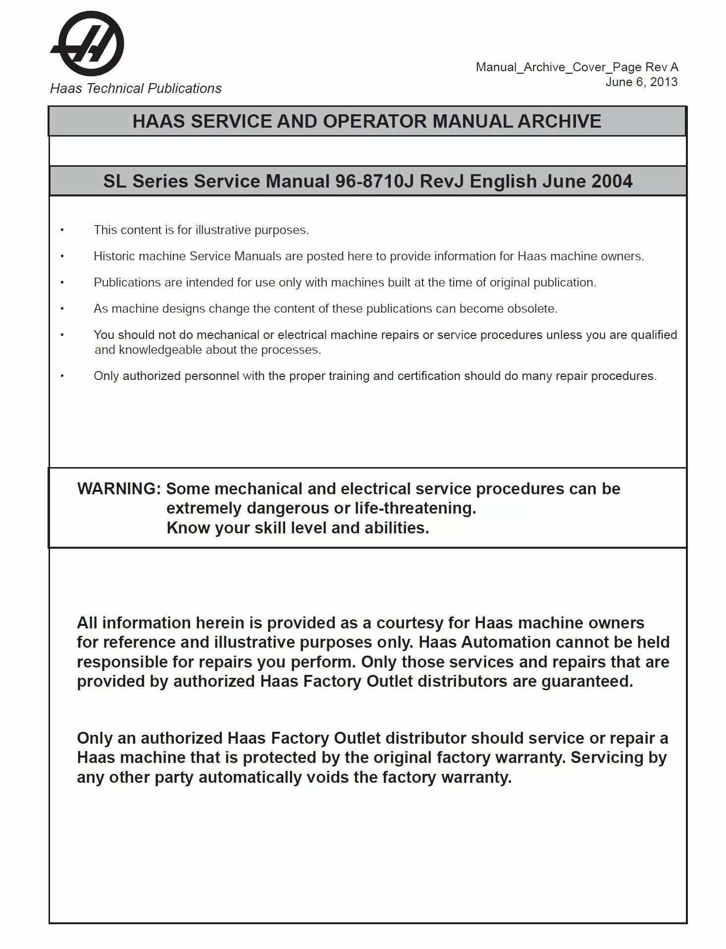Haas SL Series Service Manual 96-8710J - Complete Service Guide to Haas SL Series Turning Centres