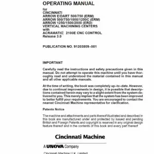 Cincinatti Arrow VMC's with Acromatic 2100 Controls Operation Manual