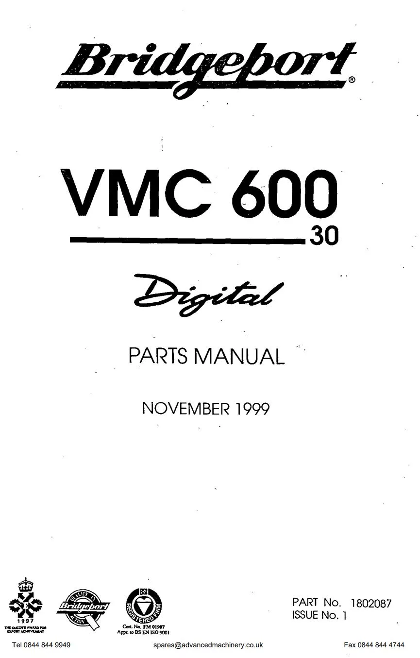 Bridgeport VMC 600/30 Digital Parts Manual - 1802087
