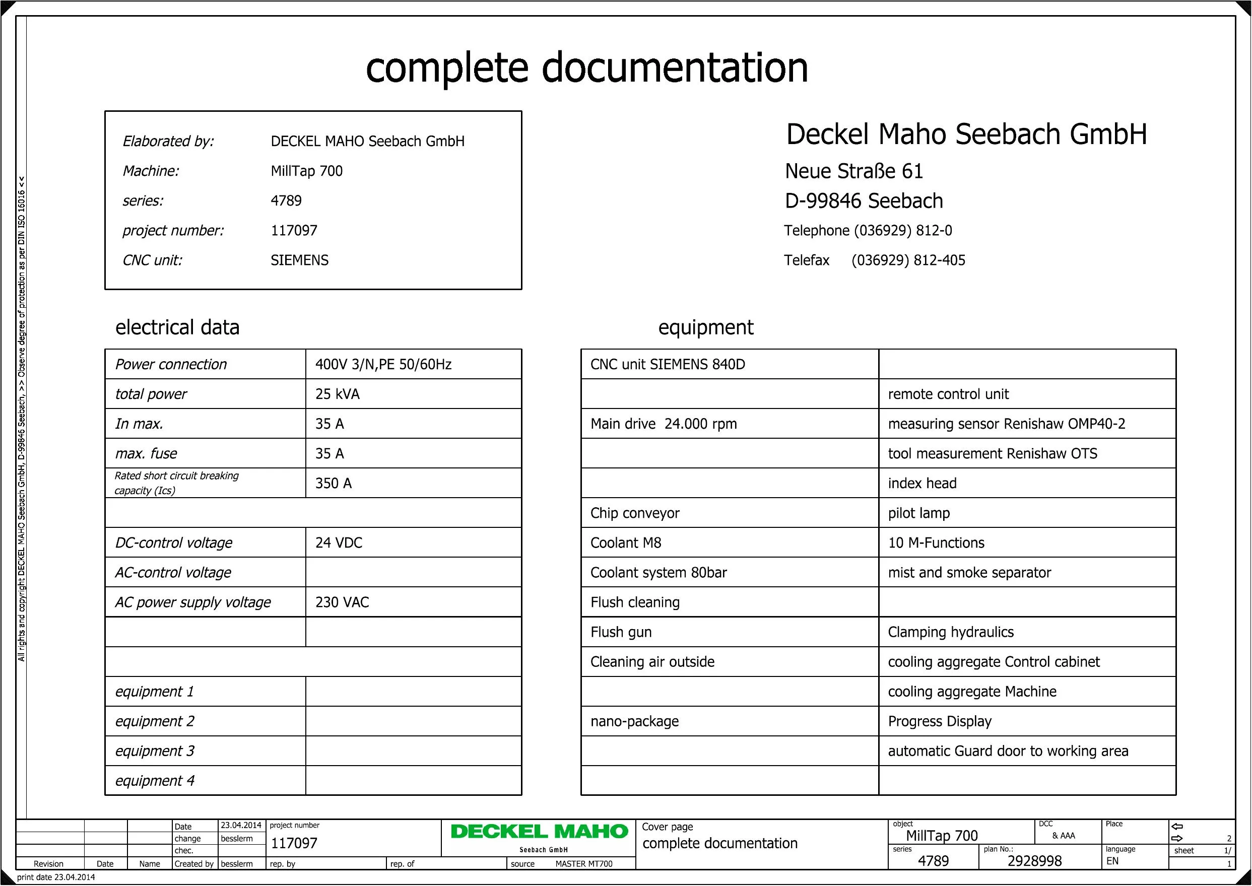 DMG Mori Milltap 700 Complete Machine Documentation Manual Cover