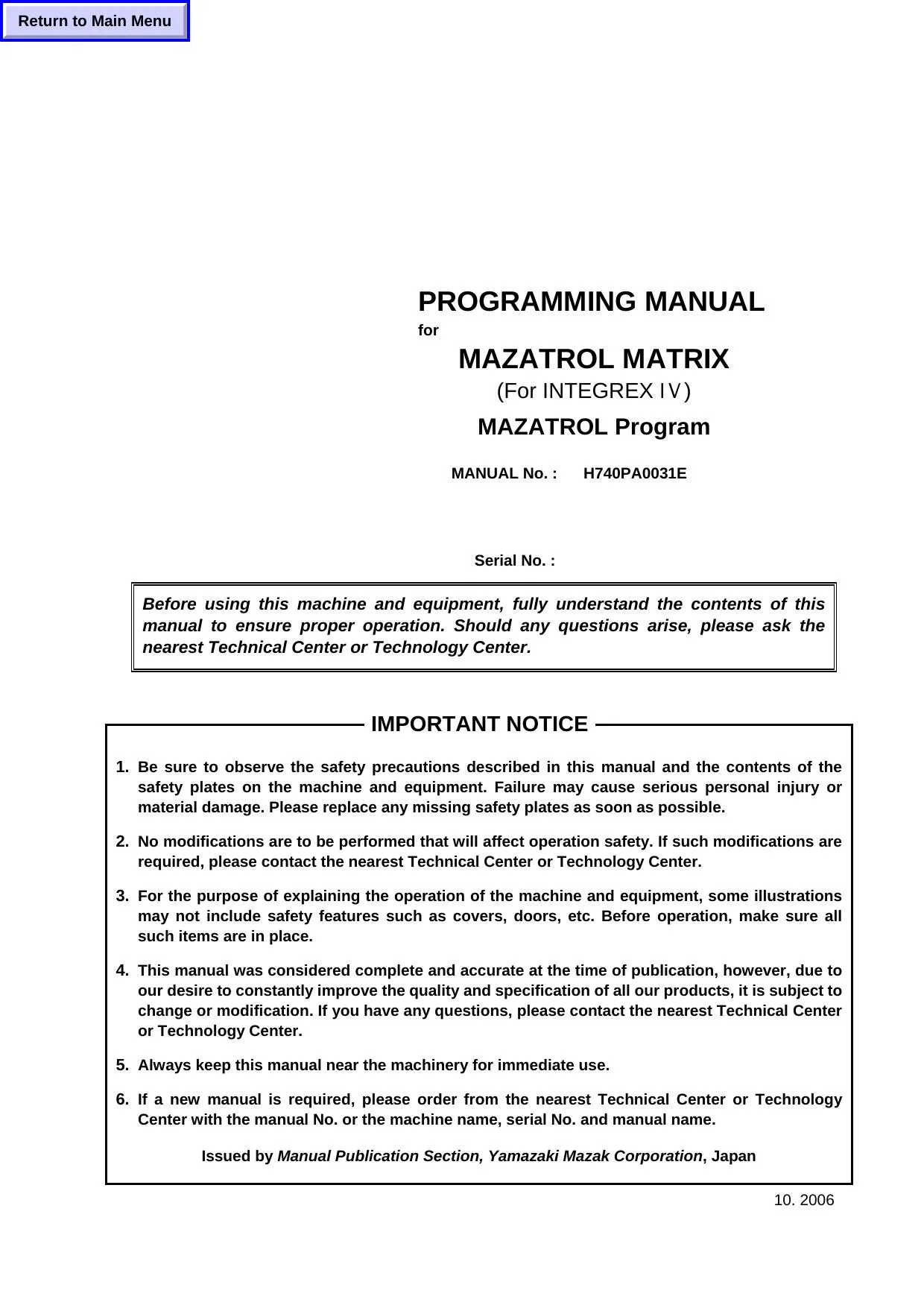 Mazak Mazatrol Matrix Programming Manual (INTEGREX IV)