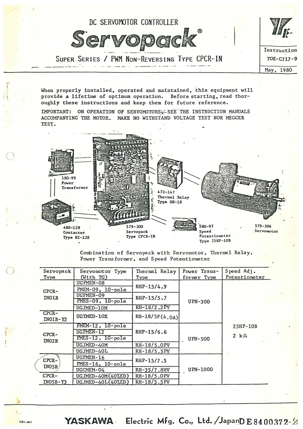 Yaskawa Servopack CPCR-IN DC Servomotor Controller Instruction Manual