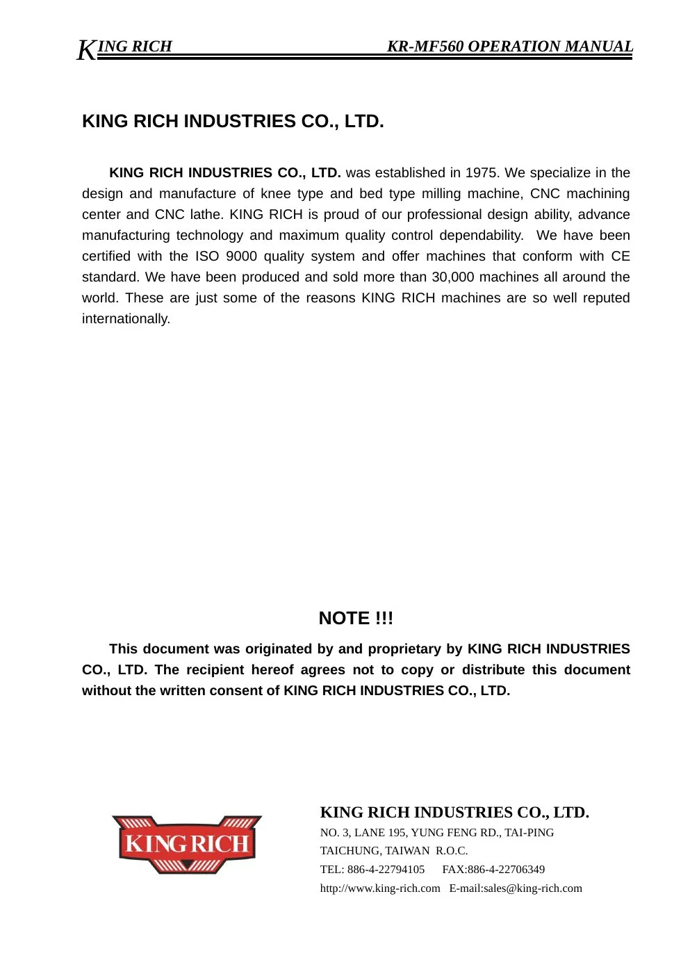 XYZ Machine Tools manual cover