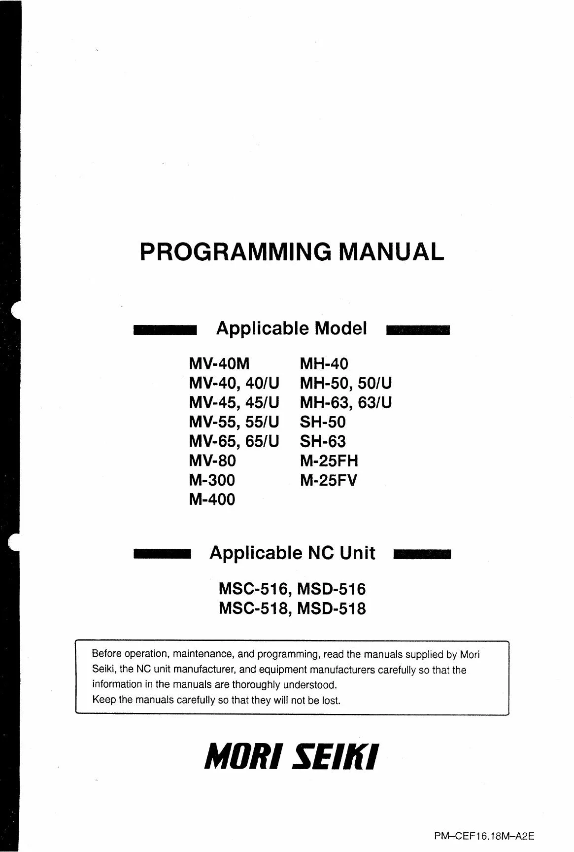 Mori Seiki MV Programming Manual cover