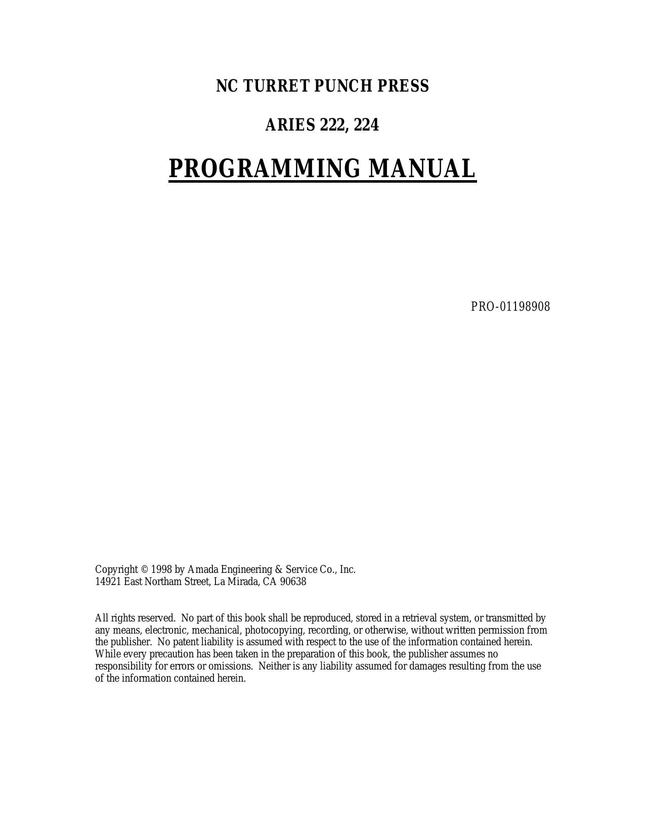 Amada ARIES 222 224 Programming Manual NC Turret Punch Press - PDF Download