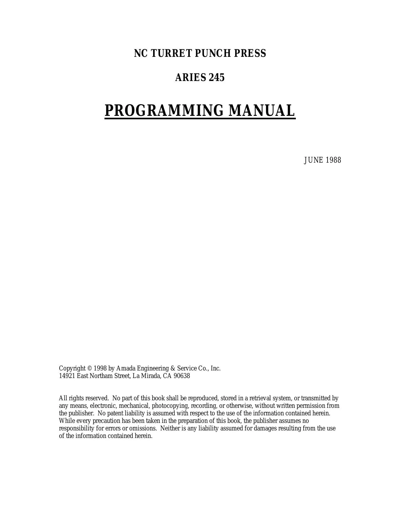 Amada ARIES 245 Programming Manual - NC Turret Punch Press - PDF Download