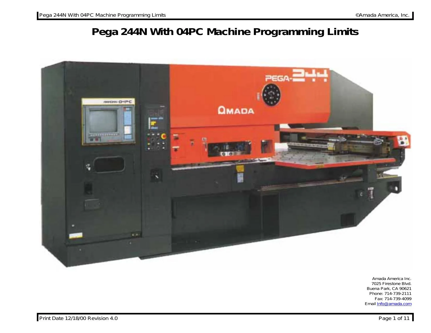 Amada Pega 244N with 04PC Machine Programming Limits - PDF Download