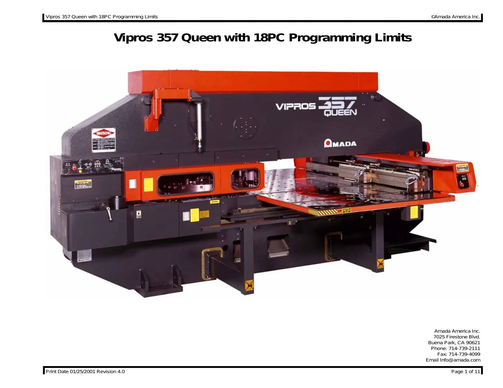 Amada Vipros 357 Queen with 18PC Programming Limits - PDF Download