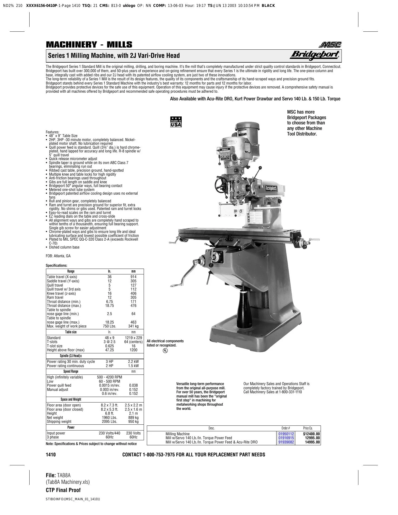 Bridgeport Series 1 Milling Machine with 2J Vari-Drive Head - PDF Download
