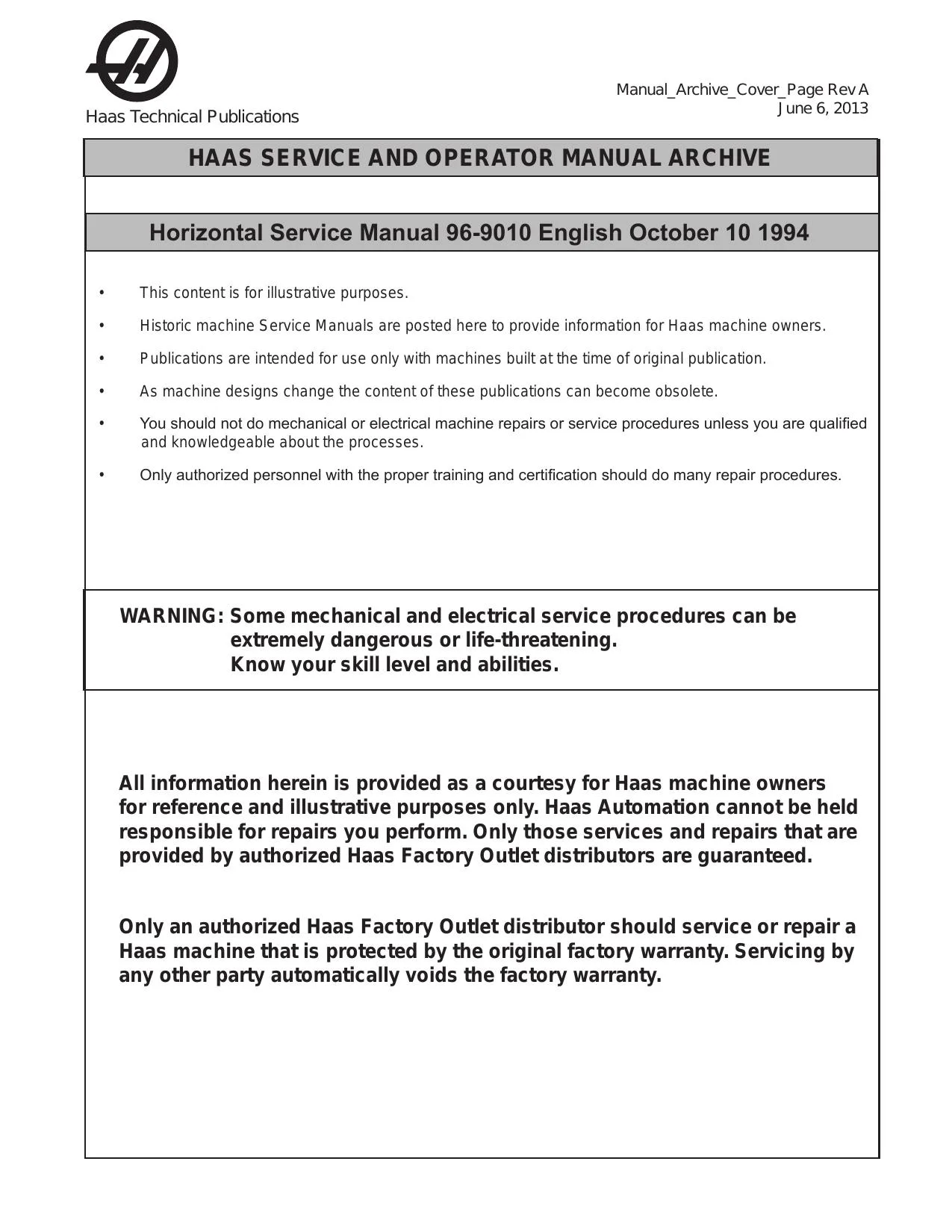 Haas Horizontal Service Manual 96-9010 English October 10 1994 - PDF Download
