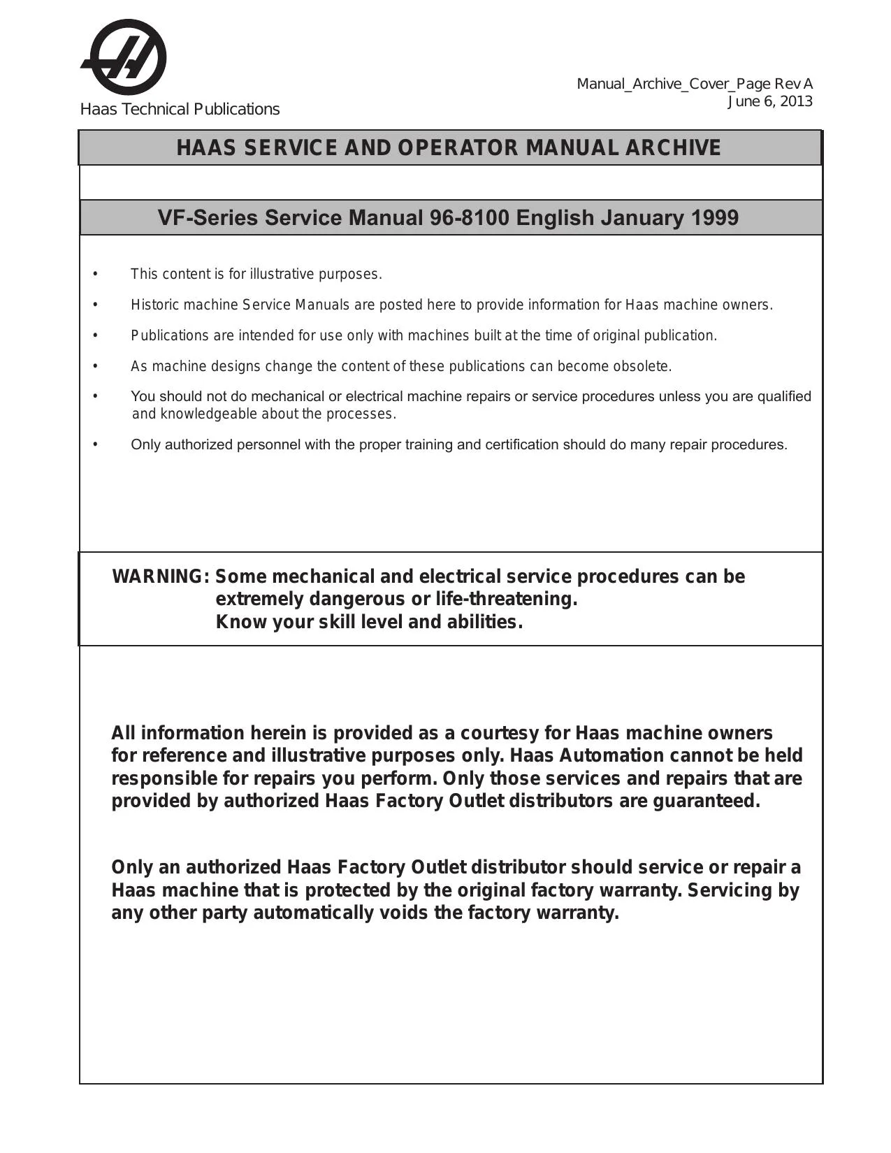 Haas VF-Series Service Manual 96-8100 English January 1999 - PDF Download