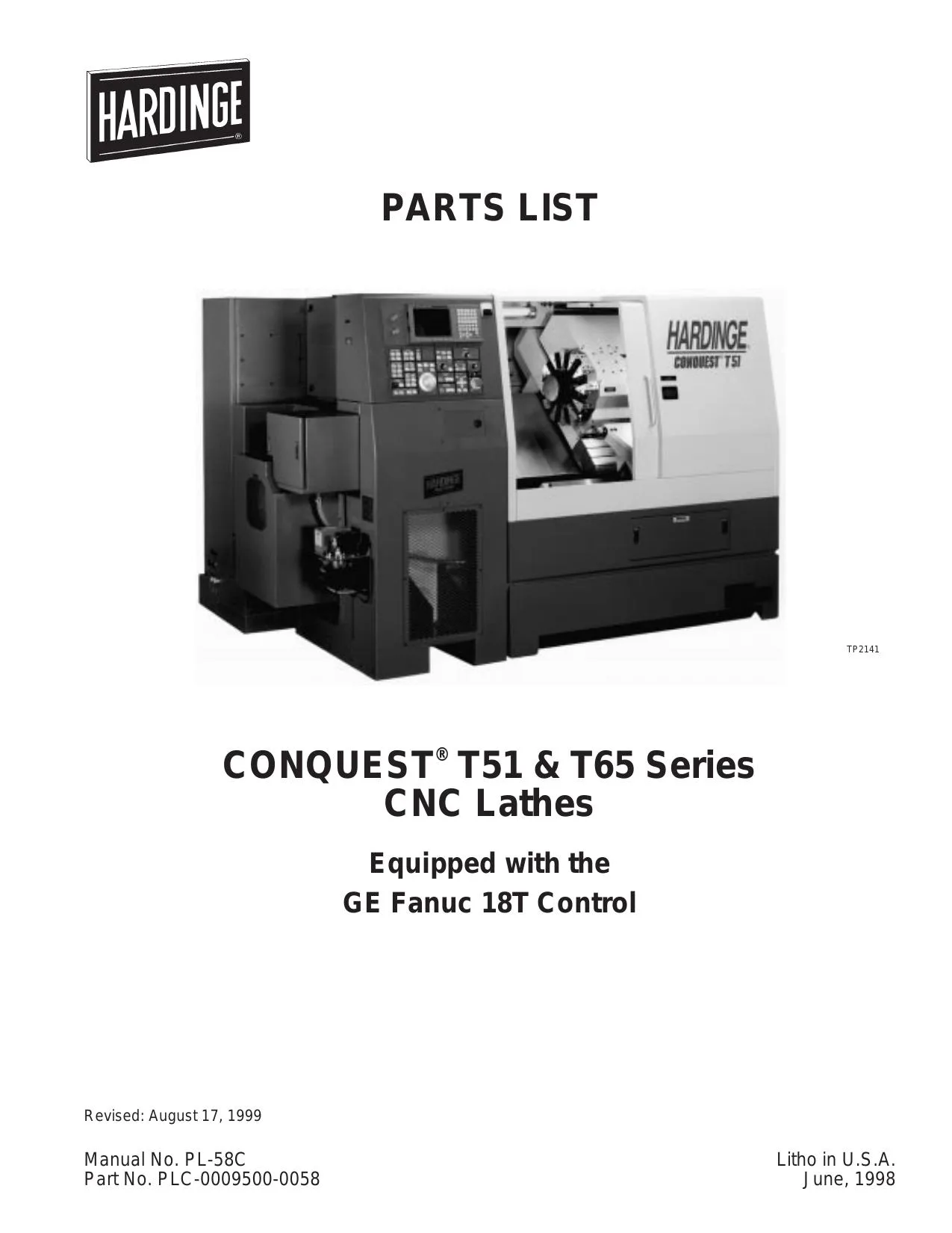 Hardinge CONQUEST T51 T65 CNC Lathes Parts List – GE Fanuc 18T - PDF Download