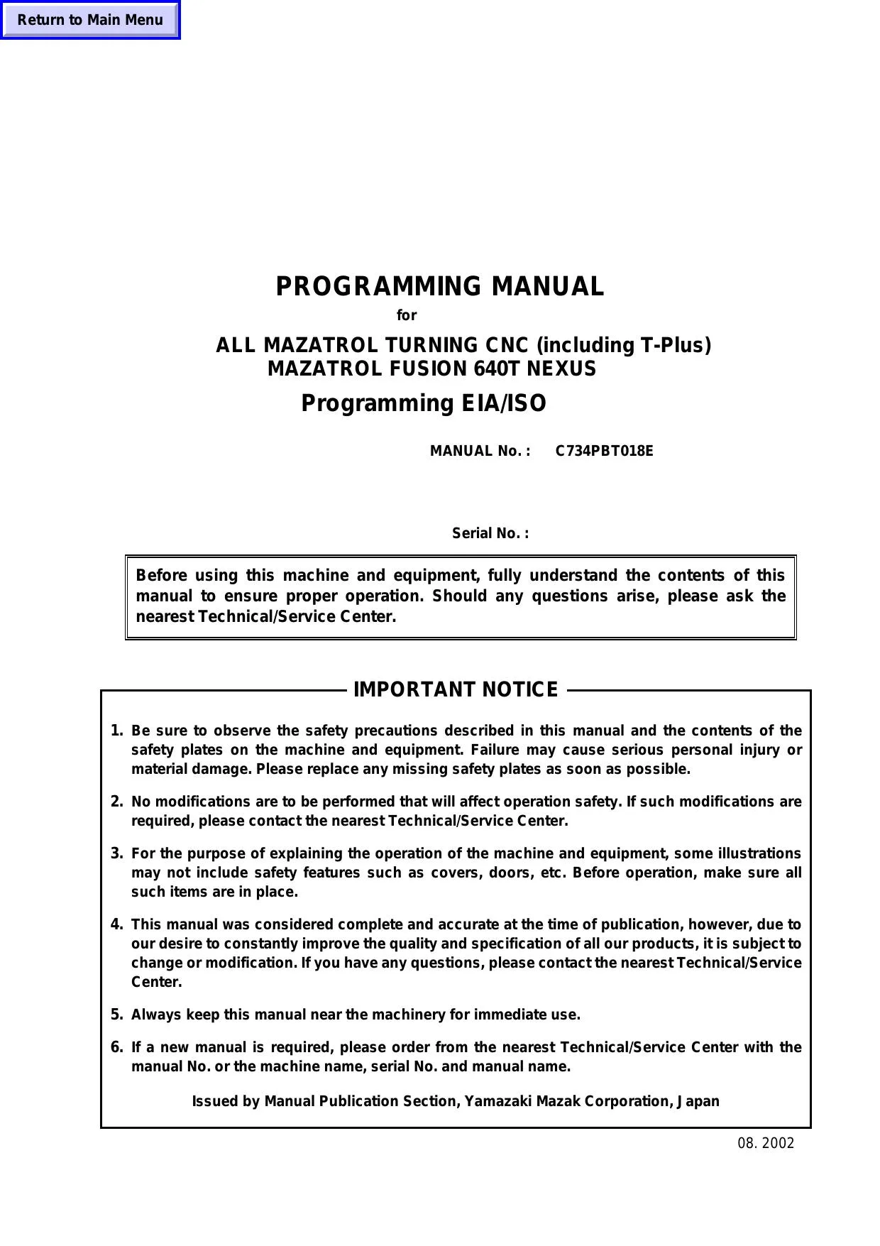 Mazak All Mazatrol Fusion 640T Nexus Programming EIA ISO - PDF Download