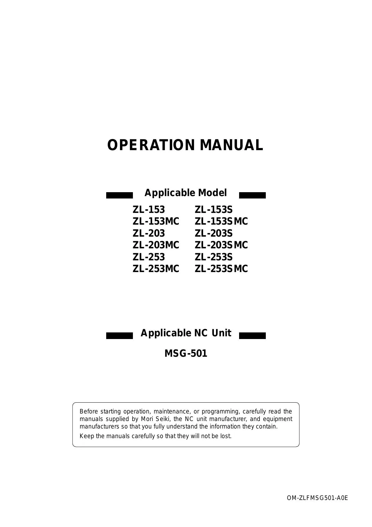Mori Seiki Operating Manual ZL-153 ZL-253SMC - PDF Download