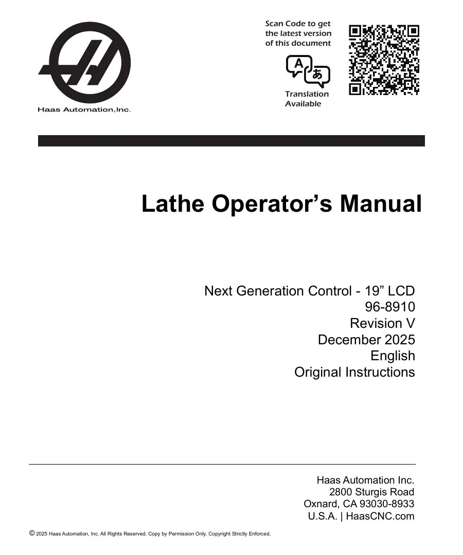 Haas Lathe Operator's Manual - 2025 NGC Edition - Free Official Download cover