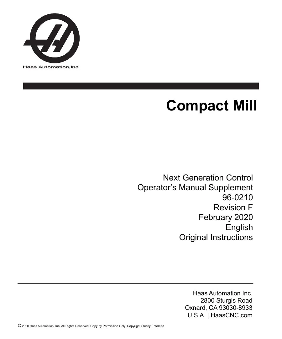 Haas Compact Mill NGC Operator's Manual Supplement - 2020 - Free Official Download cover