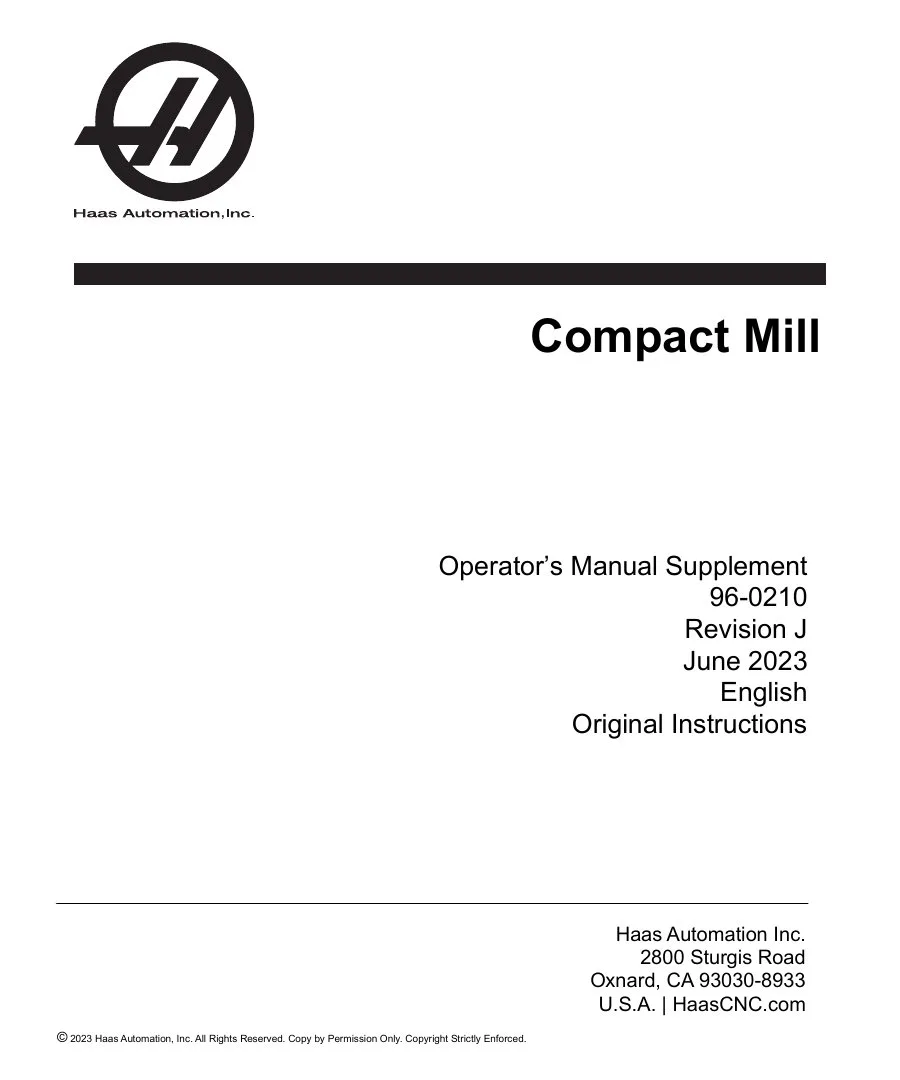 Haas Compact Mill NGC Operator's Manual Supplement - 2023 - Free Official Download cover