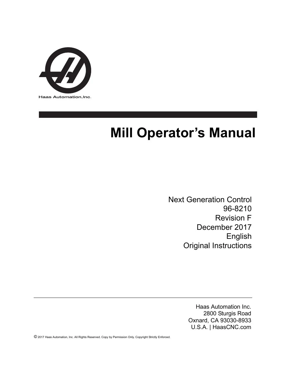 Haas Mill NGC Operator's Manual - 2017 Edition - Free Official Download cover