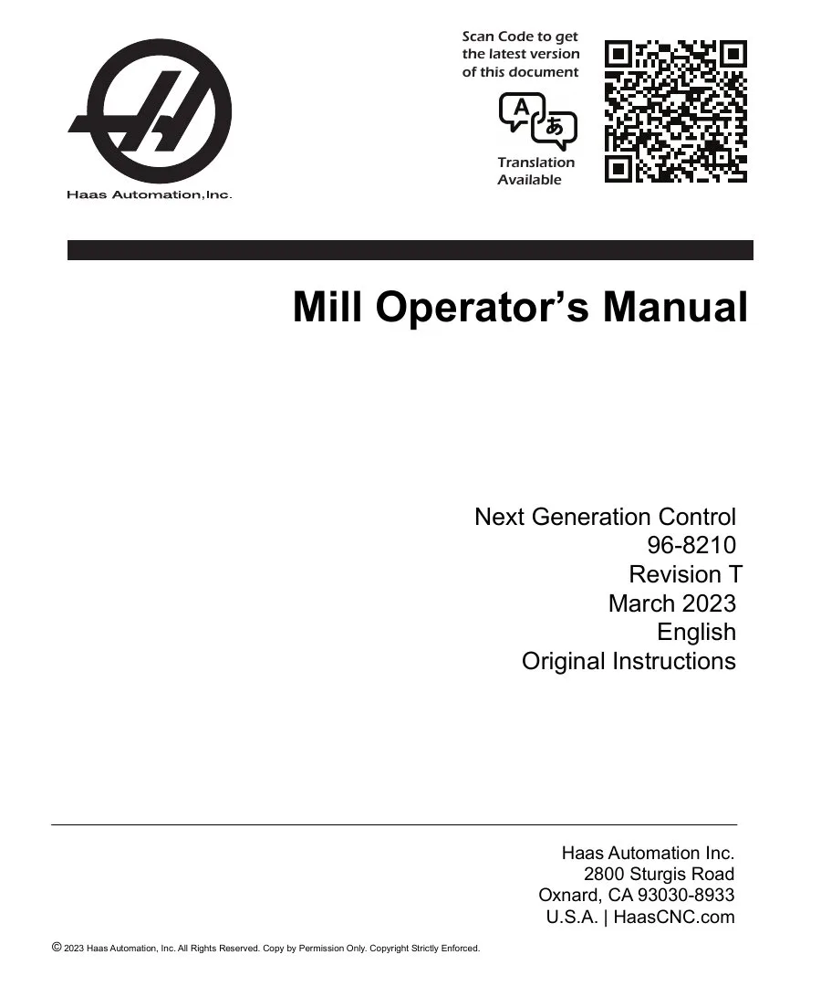 Haas Mill NGC Operator's Manual - 2023 Edition - Free Official Download cover