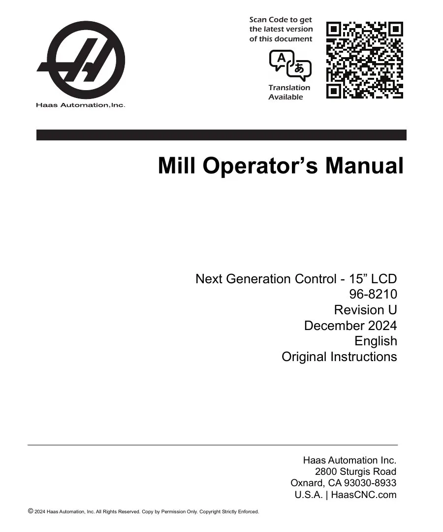 Haas Mill NGC Operator's Manual - 2024 Edition - Free Official Download cover