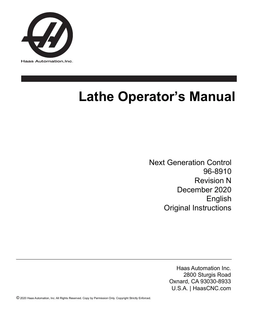 Haas Lathe NGC Operator's Manual - 2020 Edition - Free Official Download cover