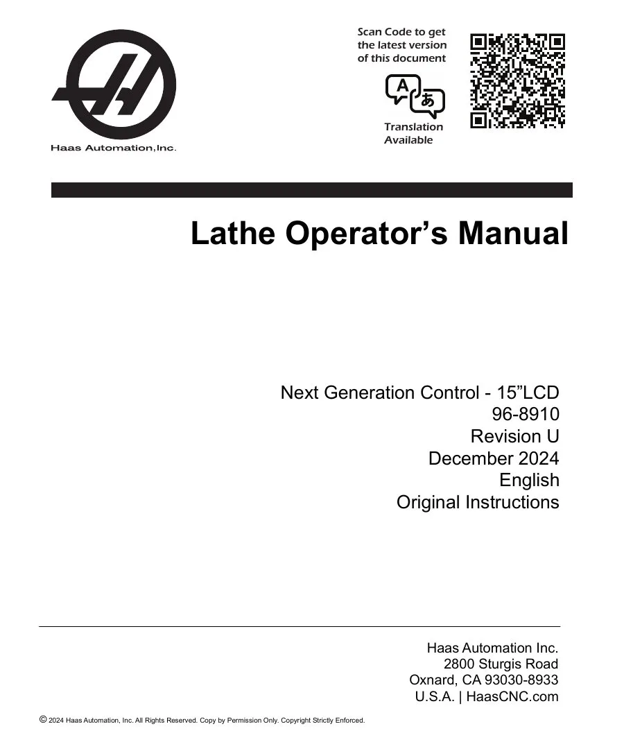 Haas Lathe NGC Operator's Manual - 2024 Edition - Free Official Download cover