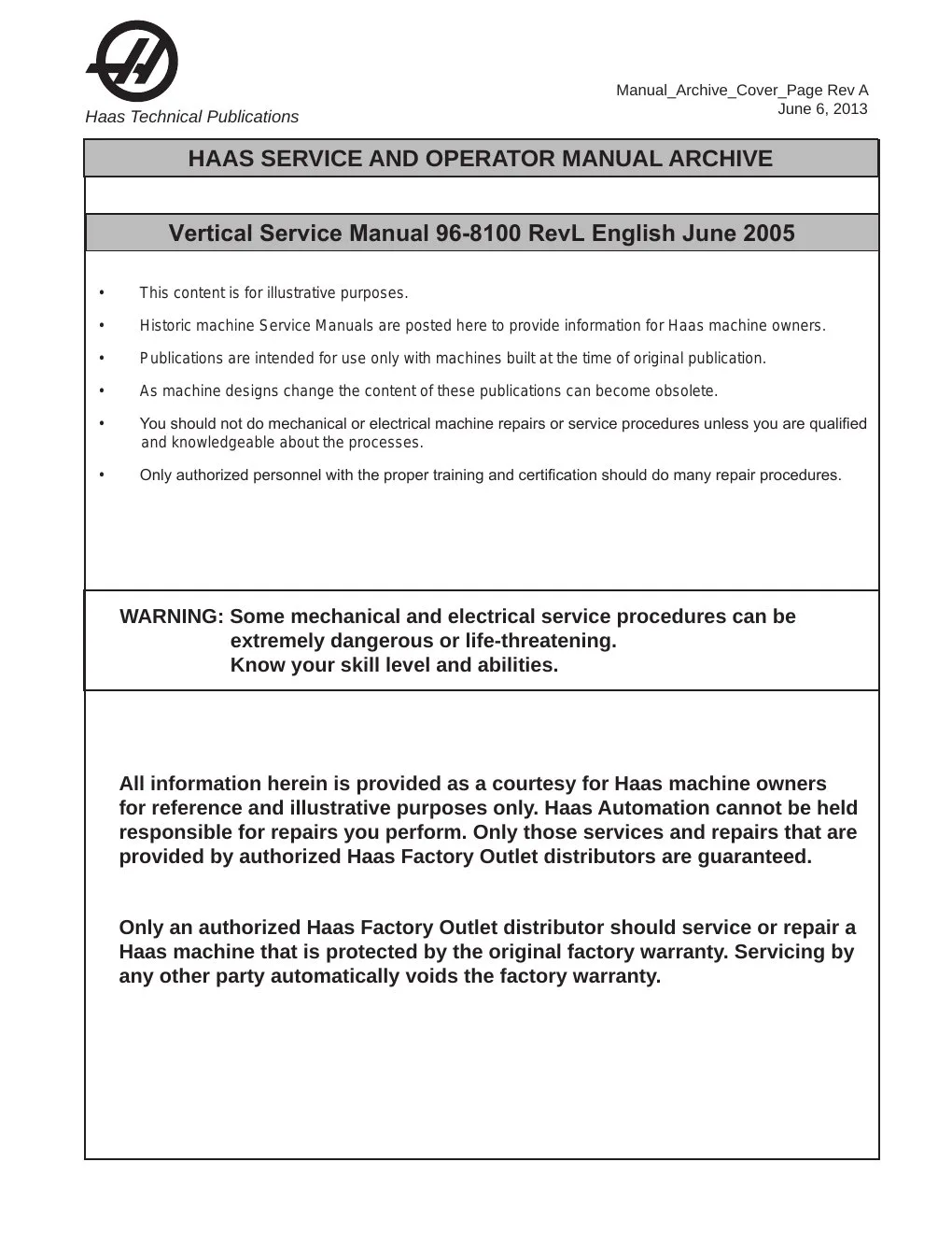 Haas Mill Service Manual - 2005 Edition - Free Official Download cover