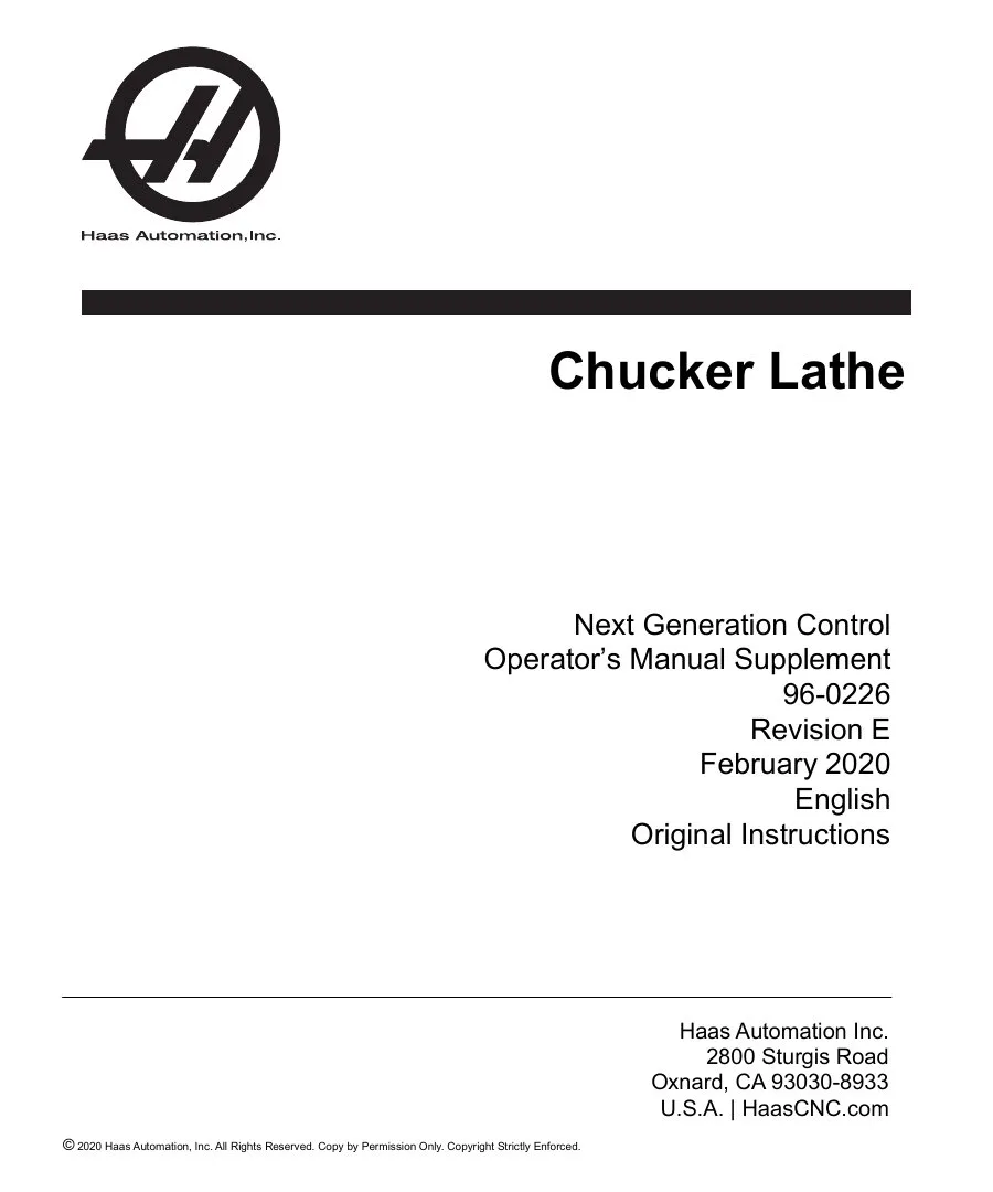 Haas Chucker Lathe Operator's Manual Supplement - 2020 NGC - Free Official Download cover