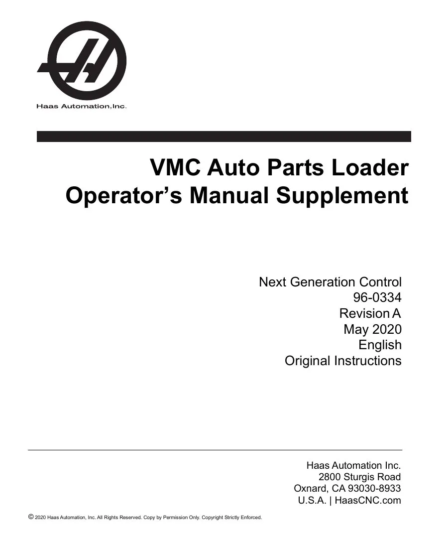 Haas VMC Automatic Parts Loader (APL) Operator's Manual Supplement - 2020 - Free Official Download cover