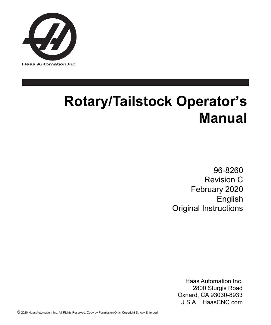 Haas Rotary Tailstock Operator's Manual - 2020 - Free Official Download cover