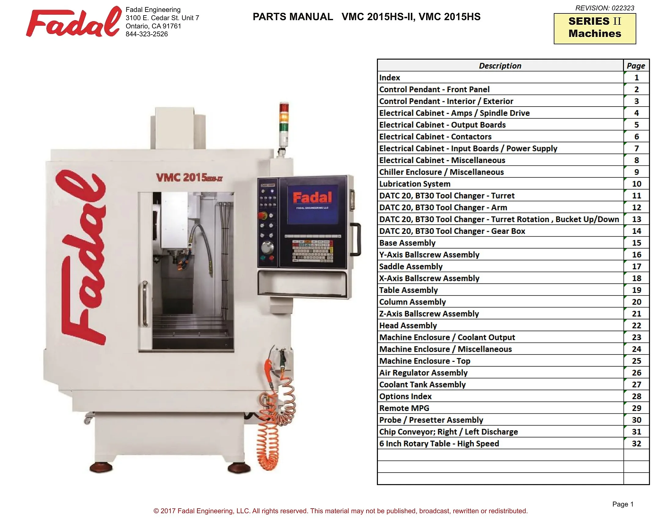 Fadal VMC 2015HS-II and 3016 Series Parts Manual cover