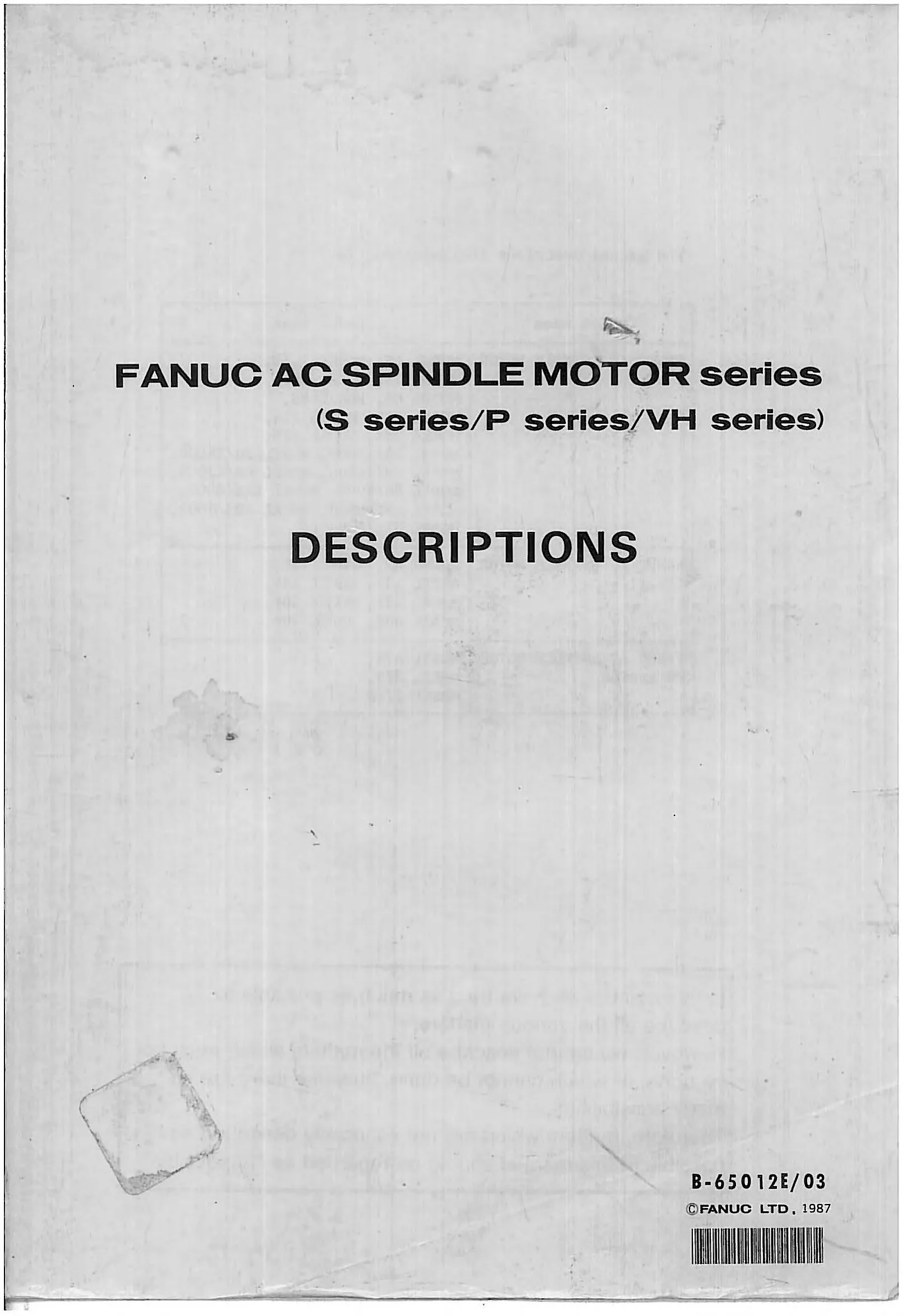 Fanuc AC Spindle Motor S/P/VH Series Descriptions Manual, B-65012E/03 cover