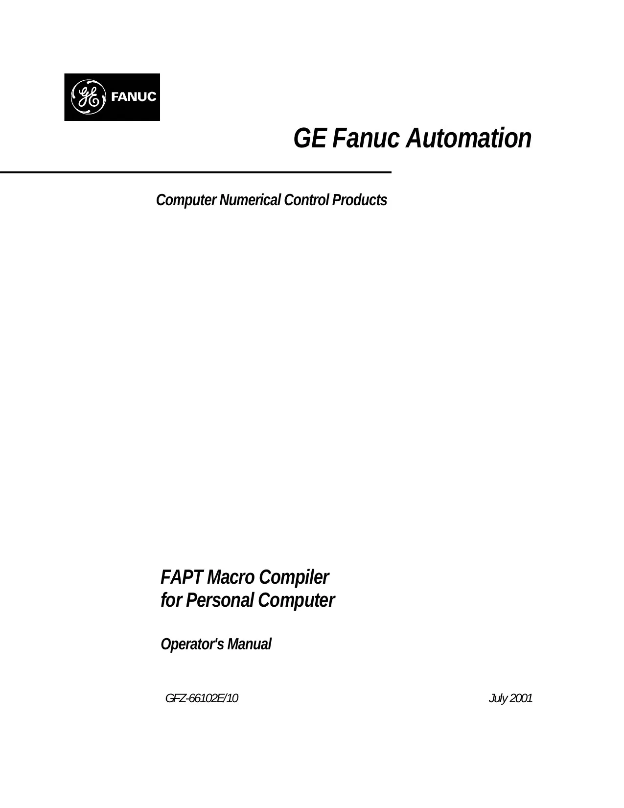 Fanuc FAPT Macro Compiler for PC Operator's Manual, GFZ-66102E/10 cover