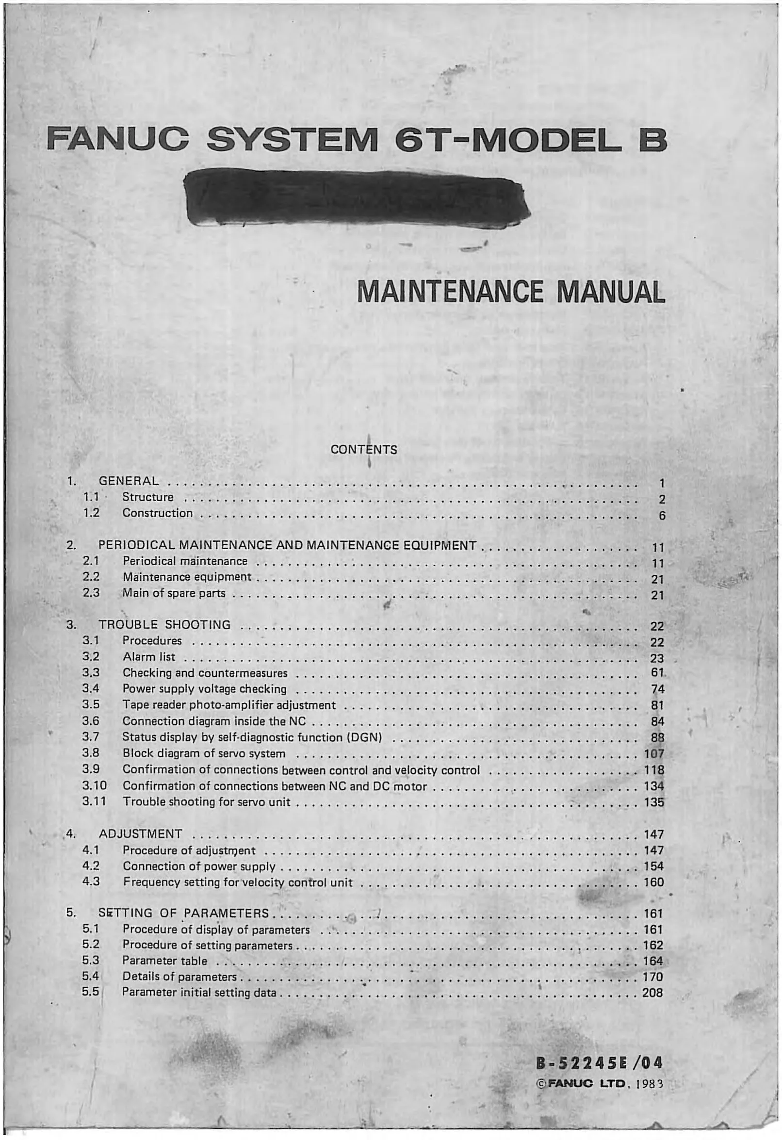 Fanuc System 6T-Model B Maintenance Manual, B-52245E/04 cover