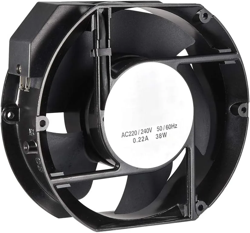 Black oval-frame AC axial cooling fan, 172 x 150 x 51mm frame with 135mm mounting hole centres, five-blade impeller, terminal hood on the left side and a round rating label on the hub reading AC220/240V 50/60Hz 0.22A 38W