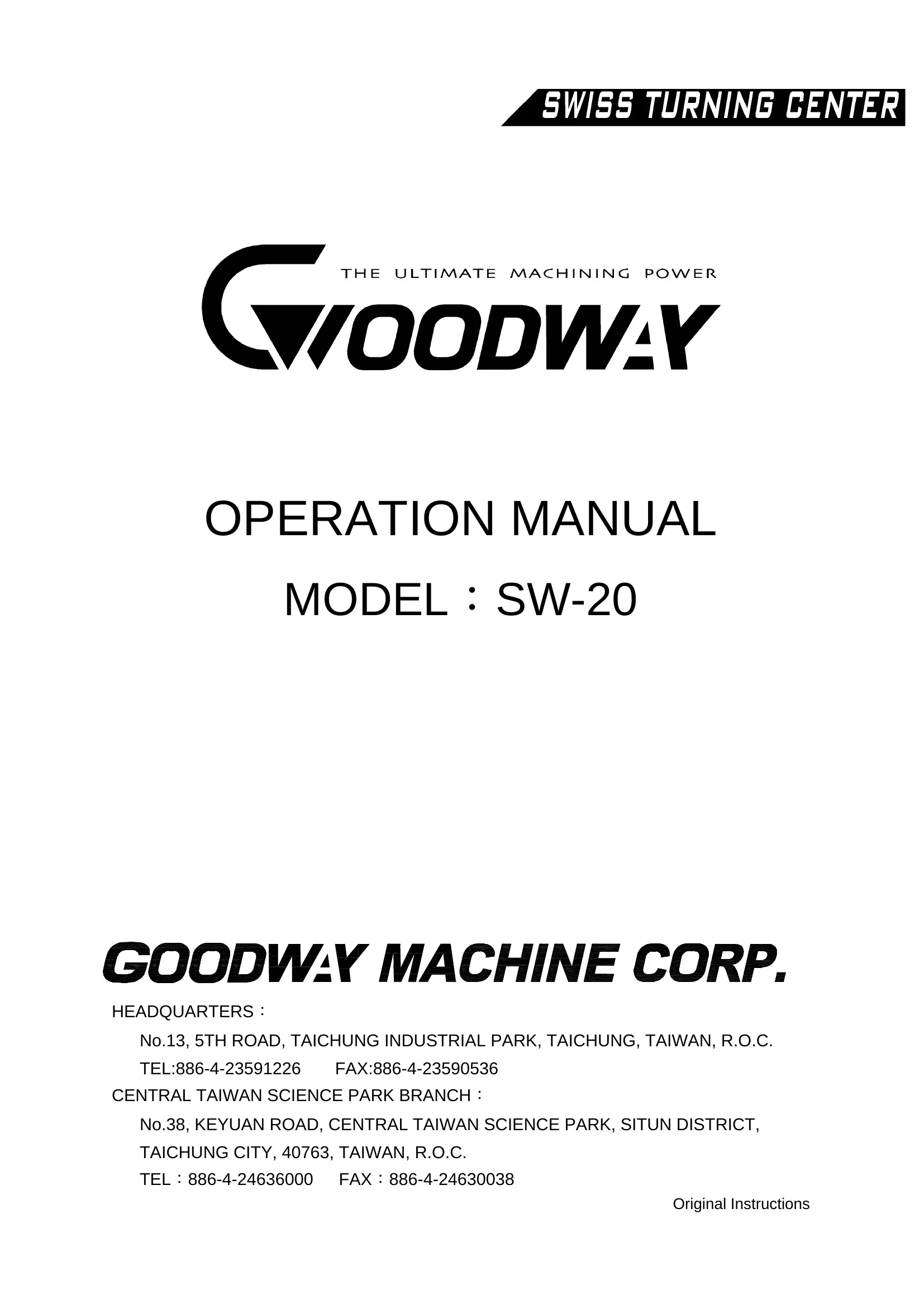 Goodway SW-20 CNC Swiss-Type Lathe Operation Manual cover