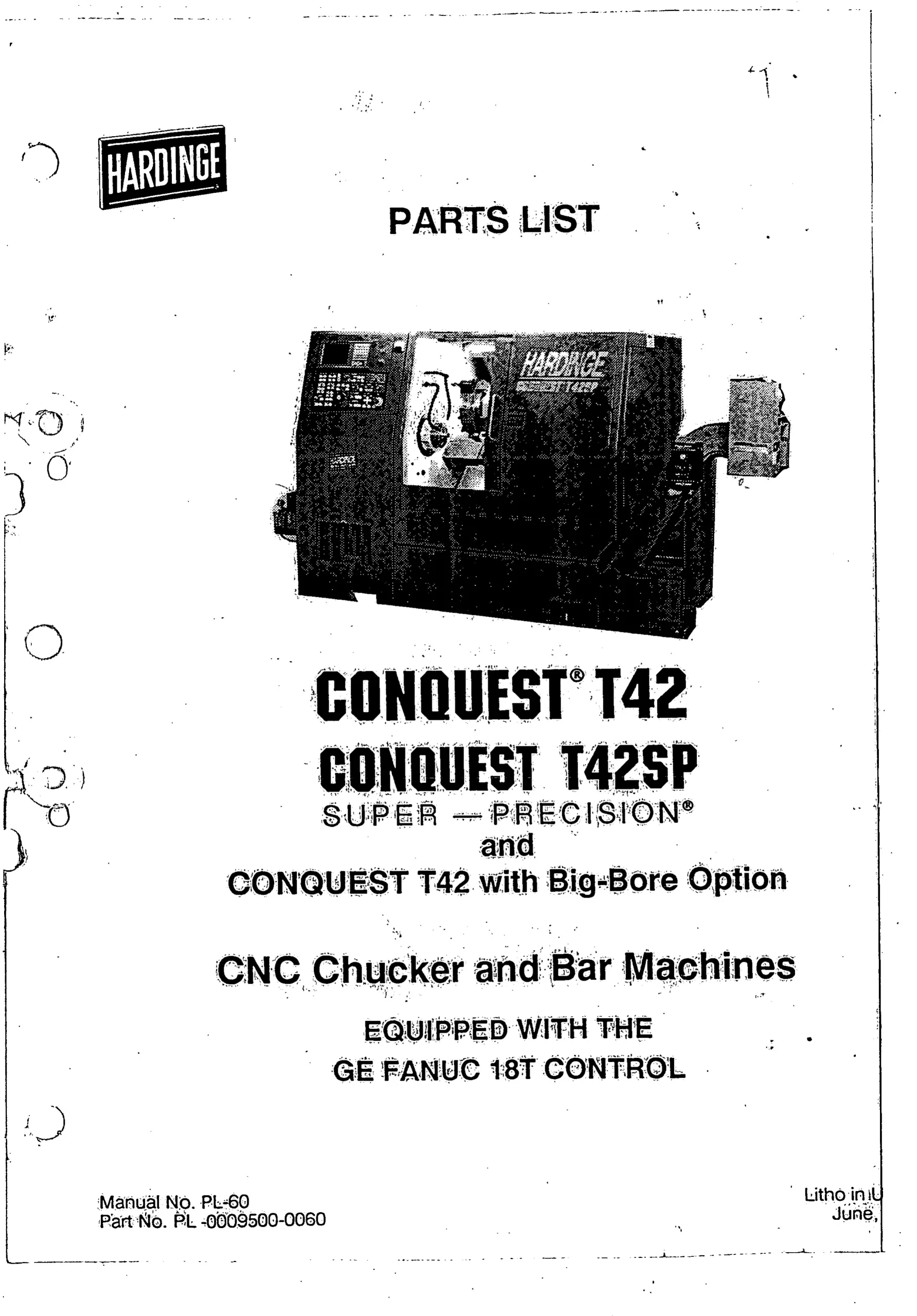 Hardinge CONQUEST T42 / T42SP Parts List Manual, PL-60 cover