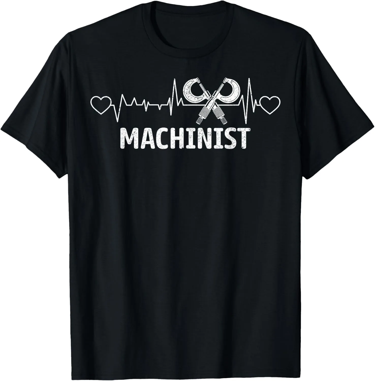 Black CNC machinist t-shirt with the ECG heartbeat pulse line, crossed micrometers and MACHINIST chest print in white.