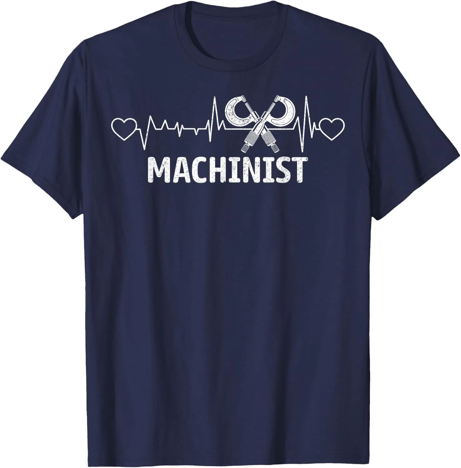 Navy CNC machinist t-shirt with the ECG heartbeat pulse line, crossed micrometers and MACHINIST chest print in white.