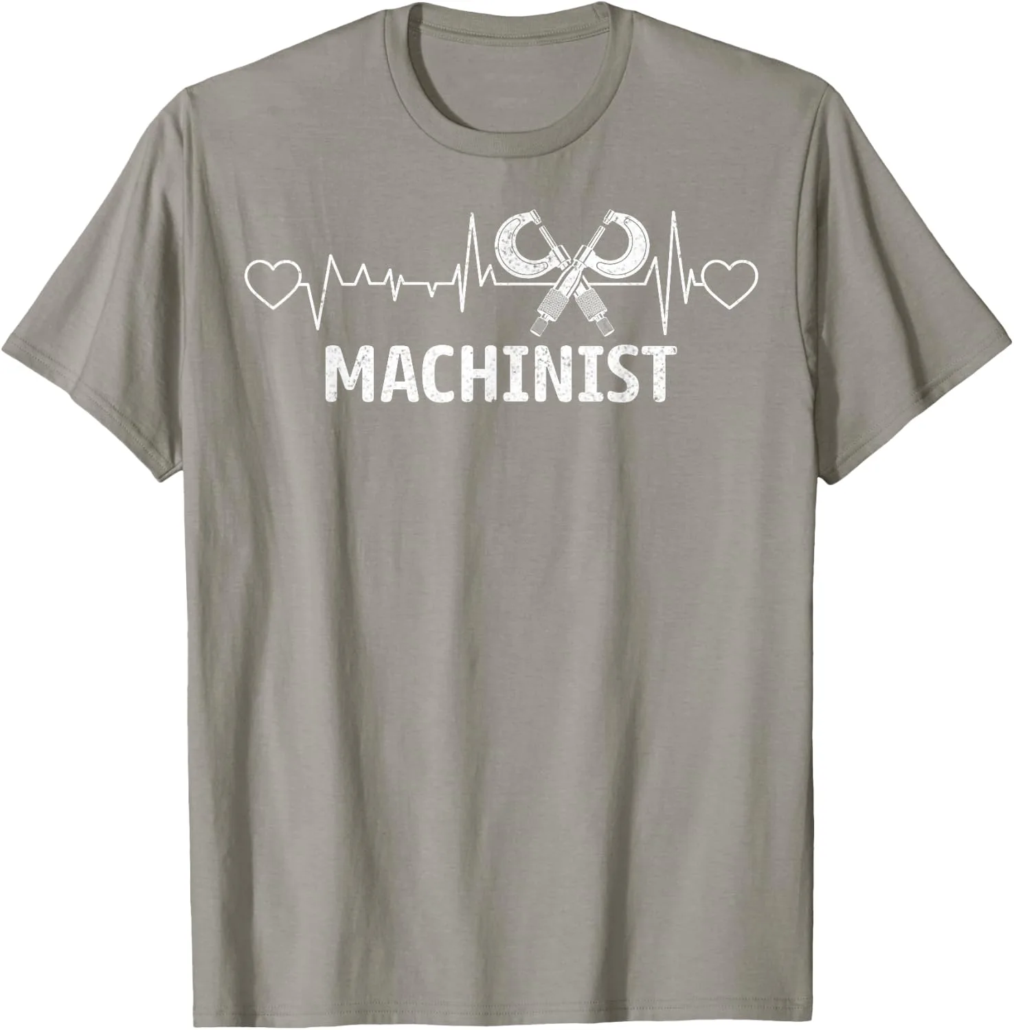 Slate CNC machinist t-shirt with the ECG heartbeat pulse line, crossed micrometers and MACHINIST chest print in white.