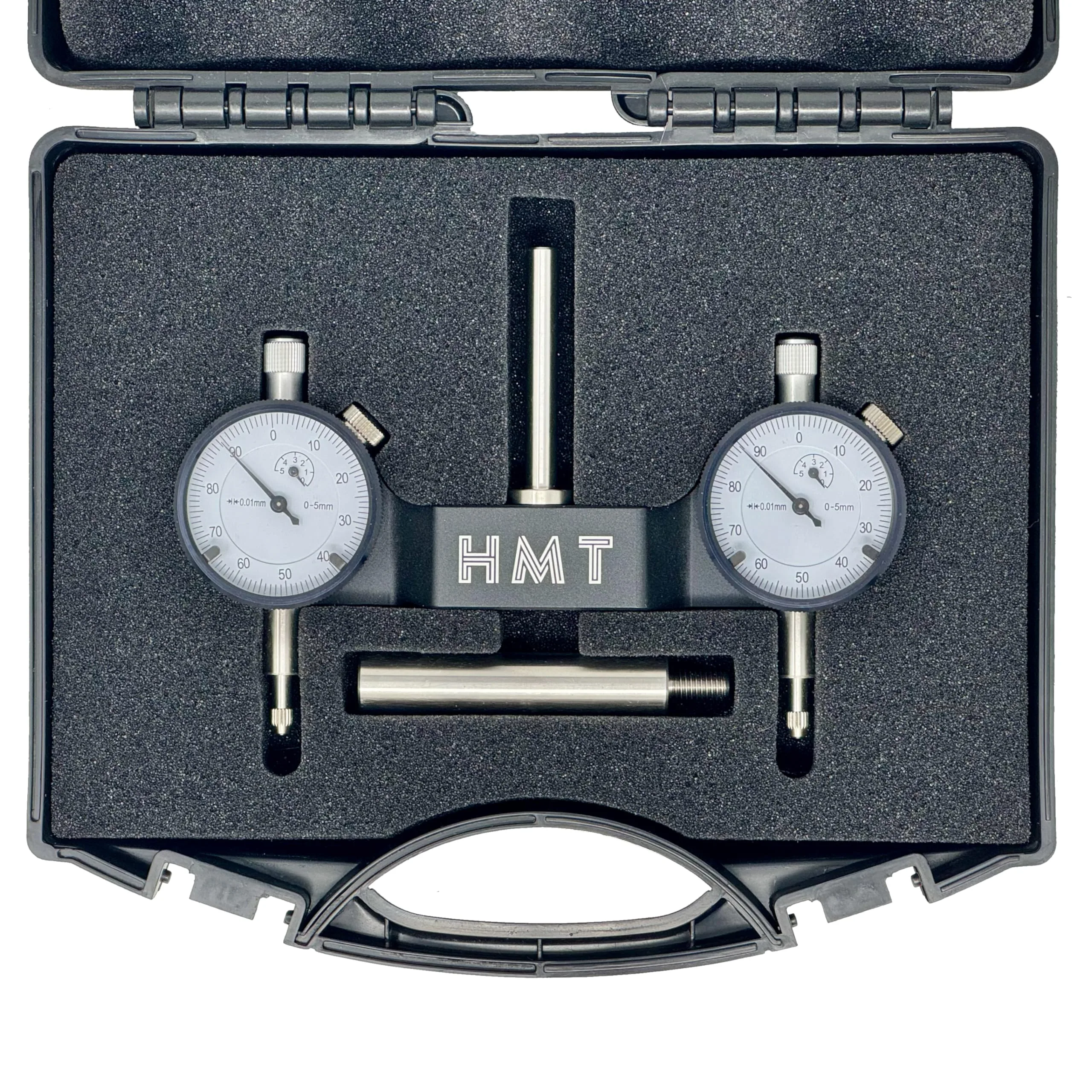 Hanley Machine Tools HMT-T2 CNC tramming gauge with two metric dial indicators fitted, shown in its foam-lined carry case with the spare shank.