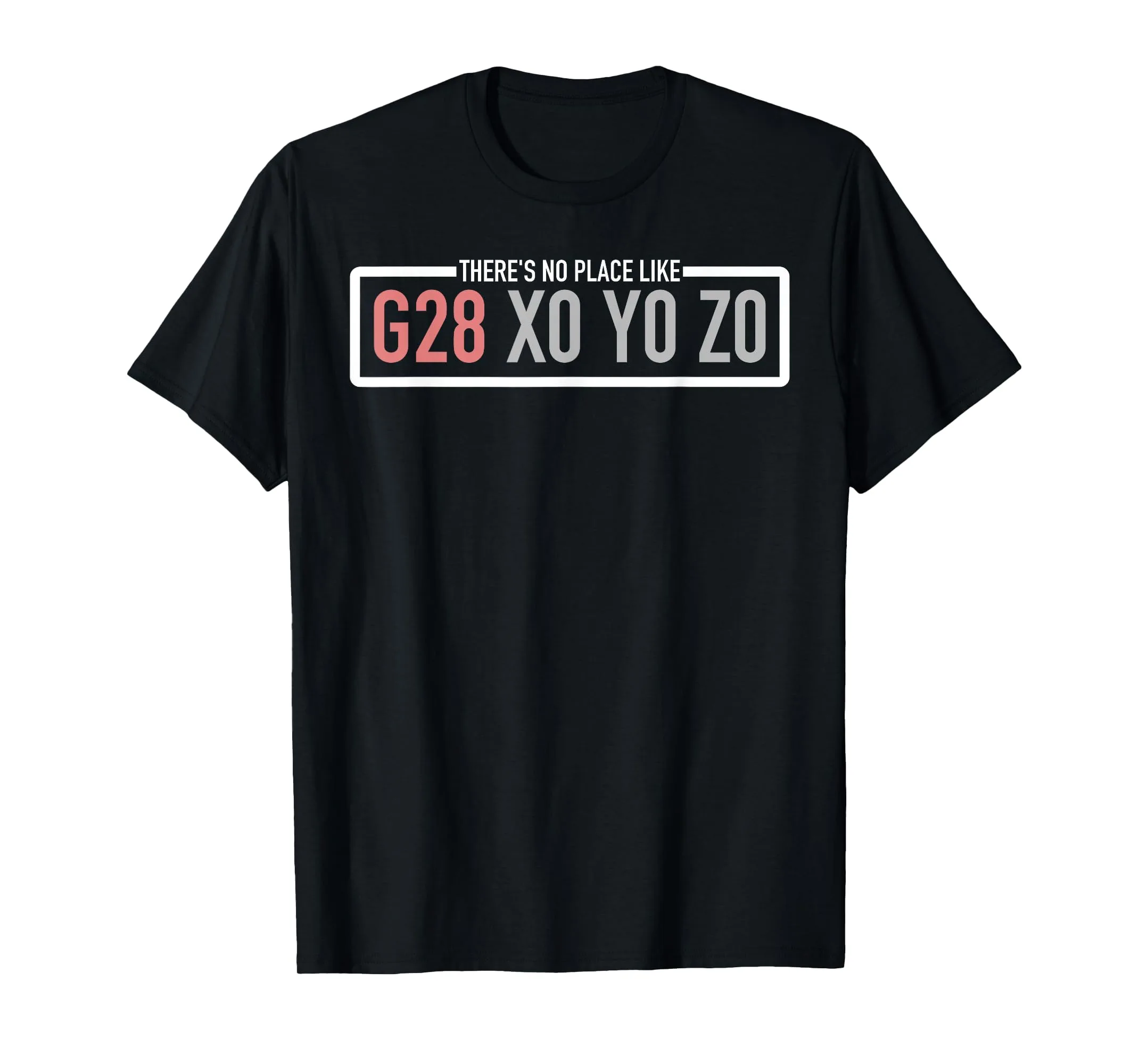 Black CNC machinist t-shirt with the 'THERE'S NO PLACE LIKE G28 X0 Y0 Z0' chest print, G28 in coral and the axis coordinates in white.