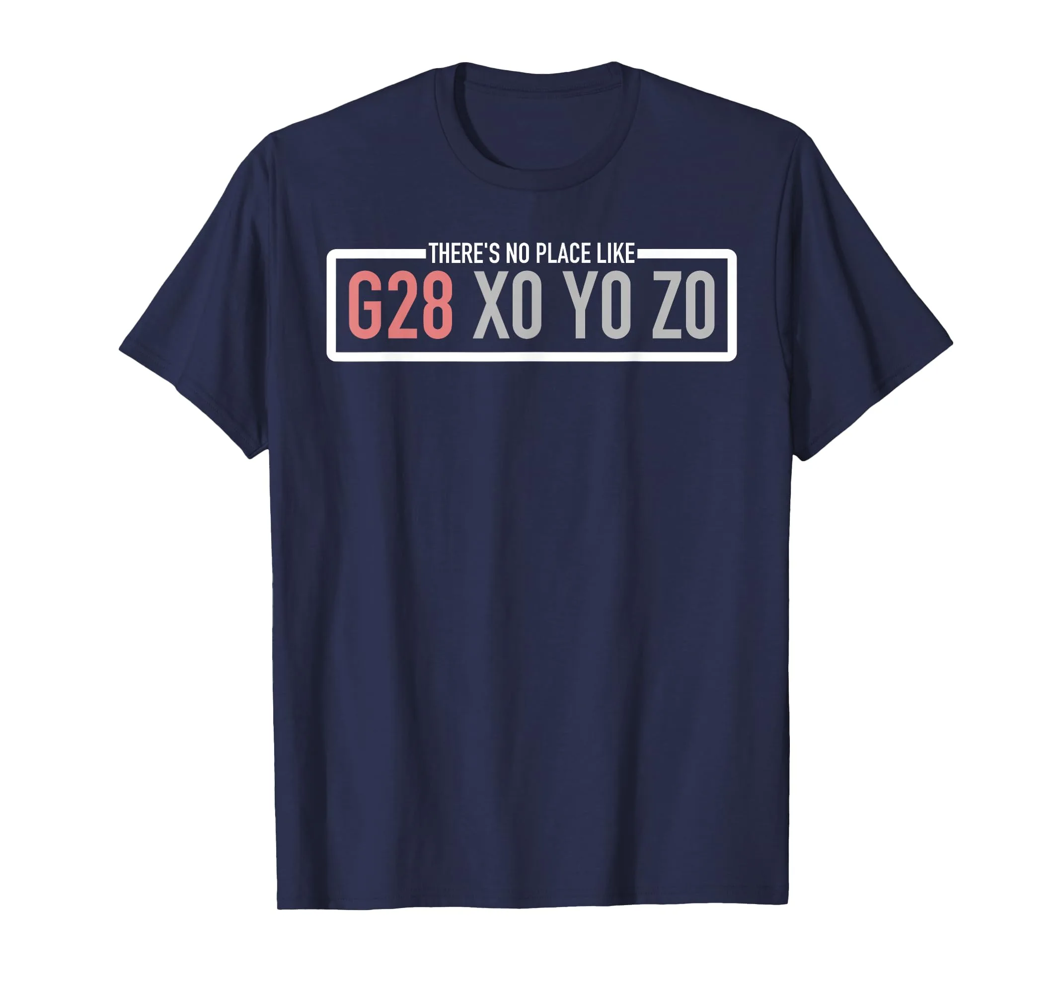 Navy CNC machinist t-shirt with the 'THERE'S NO PLACE LIKE G28 X0 Y0 Z0' chest print, G28 in coral and the axis coordinates in white.
