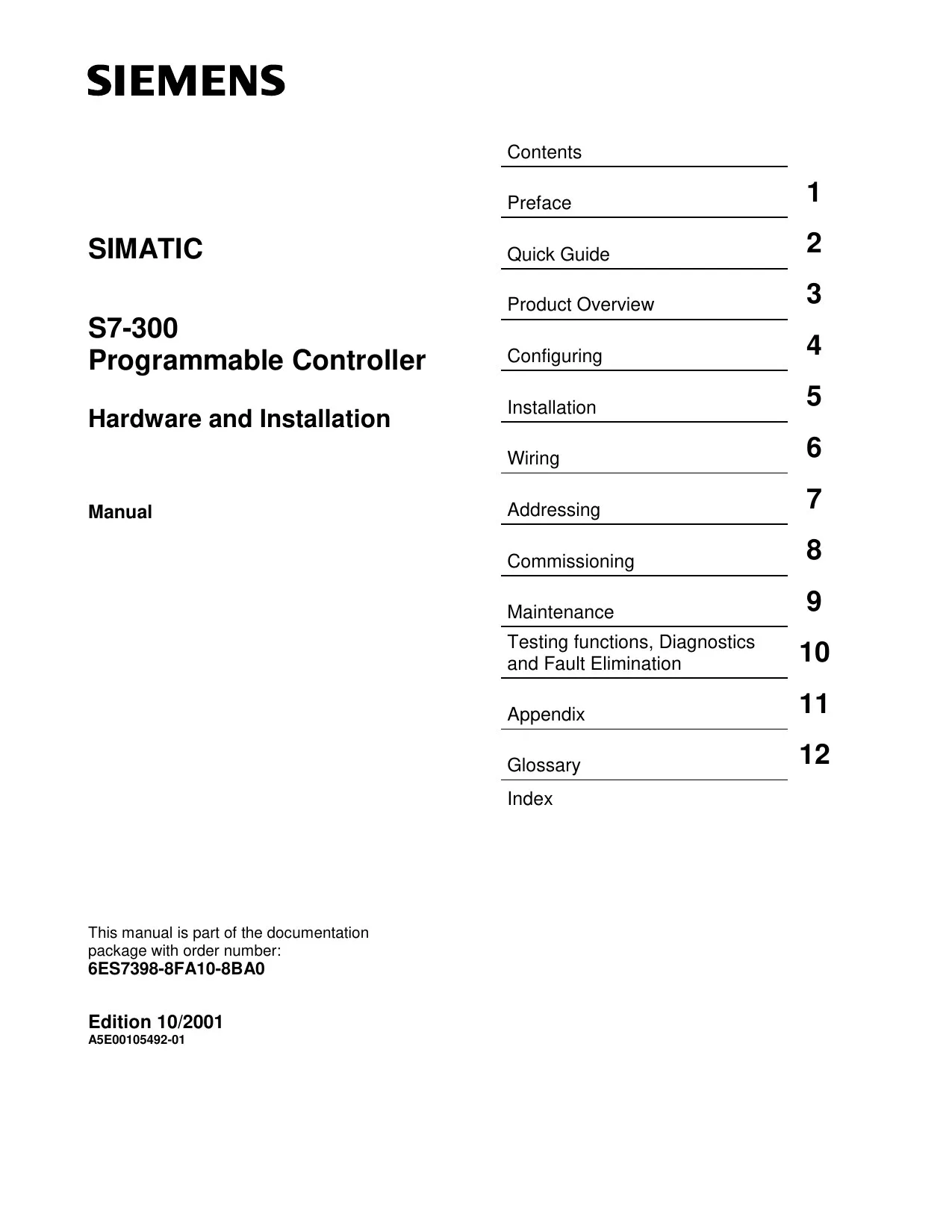 Siemens SIMATIC S7-300 Programmable Controller Hardware and Installation Manual cover