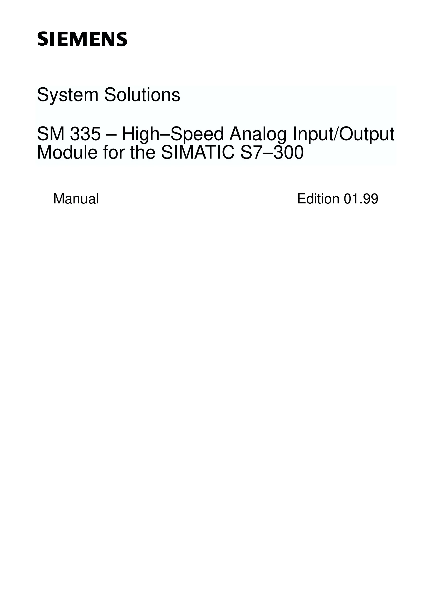Siemens SIMATIC S7-300 SM 335 High-Speed Analog Input/Output Module Manual, Edition 01/1999 cover