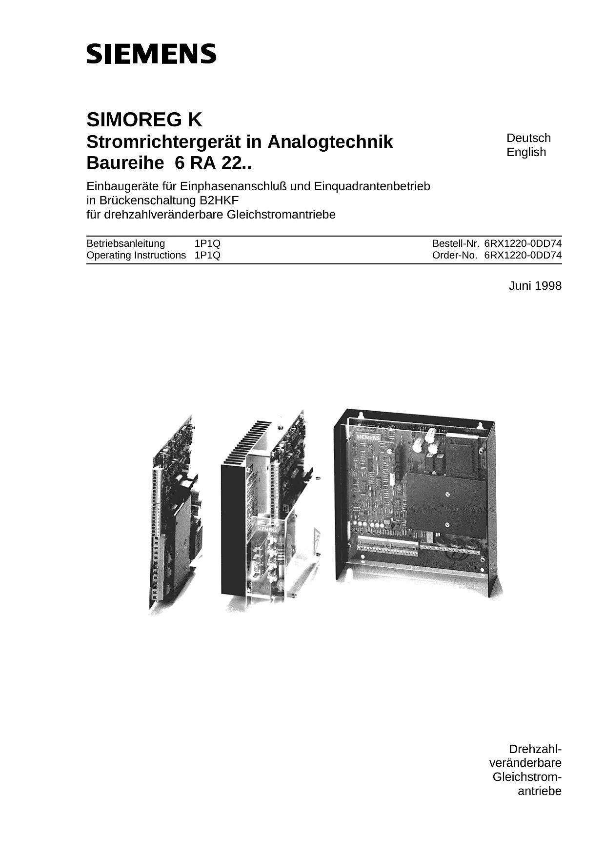 Siemens SIMOREG K 6RA22 Analogue Converter Unit Manual cover