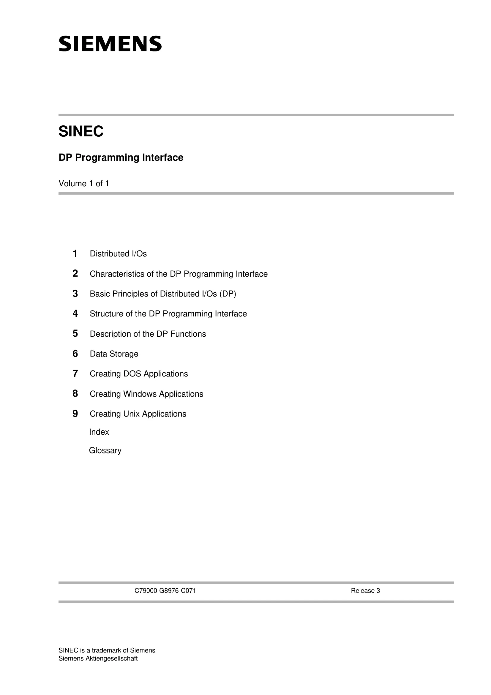 Siemens SINEC DP Programming Interface Description, Volume 1 of 1 cover