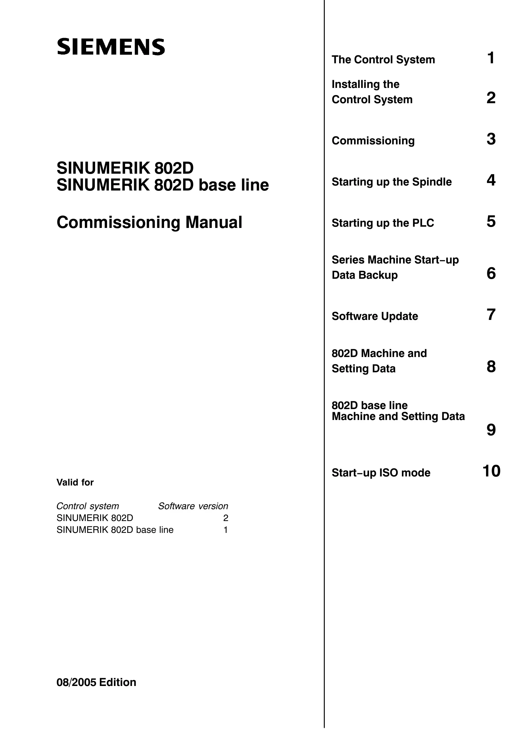 Siemens SINUMERIK 802D base line Commissioning Manual cover