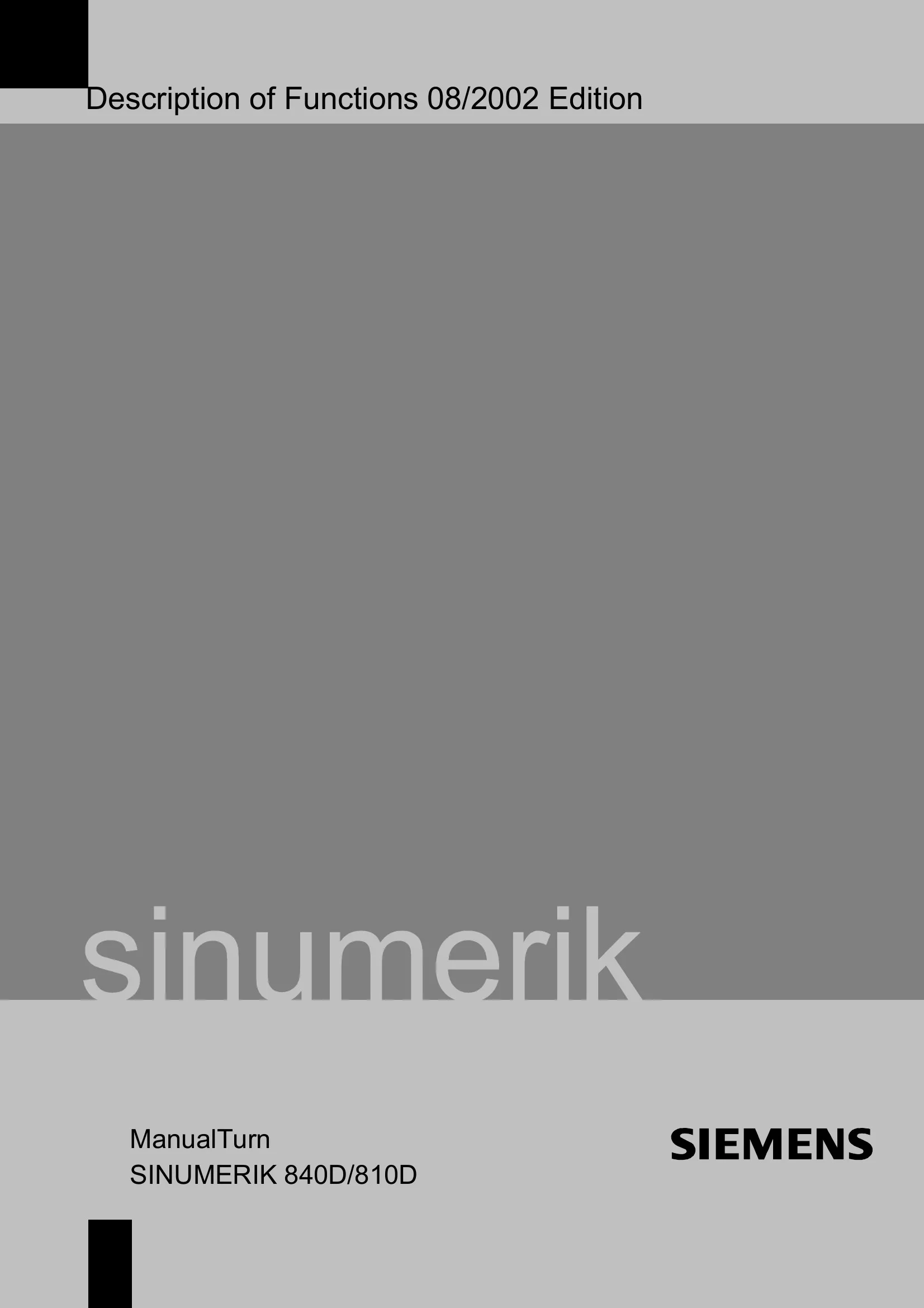 Siemens SINUMERIK 840D/810D Description of Functions - ManualTurn, 08/2002 Edition cover