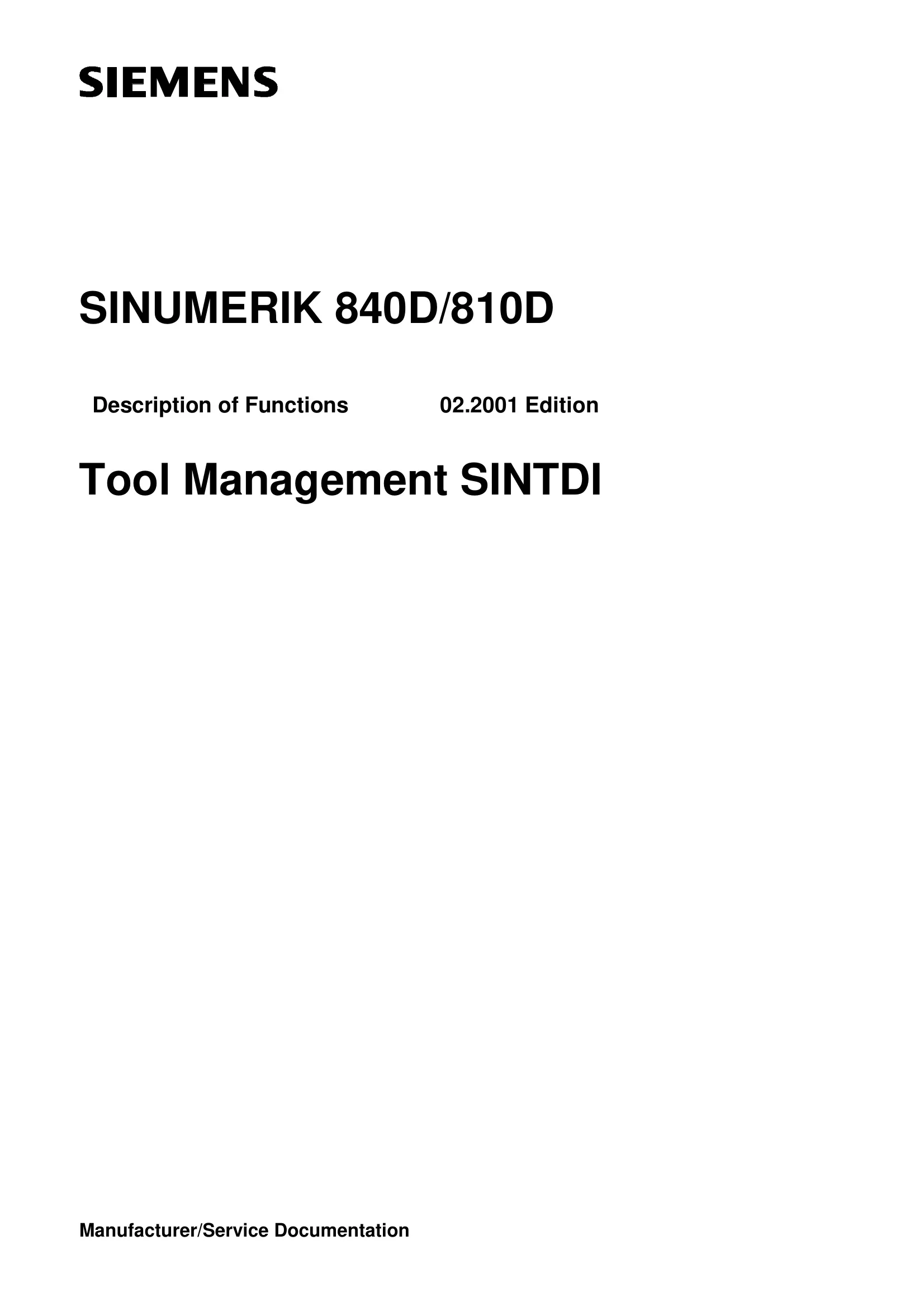 Siemens SINUMERIK 840D/810D Description of Functions - Tool Management (SINTDI), 02.2001 Edition cover